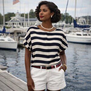 Zara Linen Cotton Striped Black and Cream Top SZ XS/S EUC Nautical Preppy Style